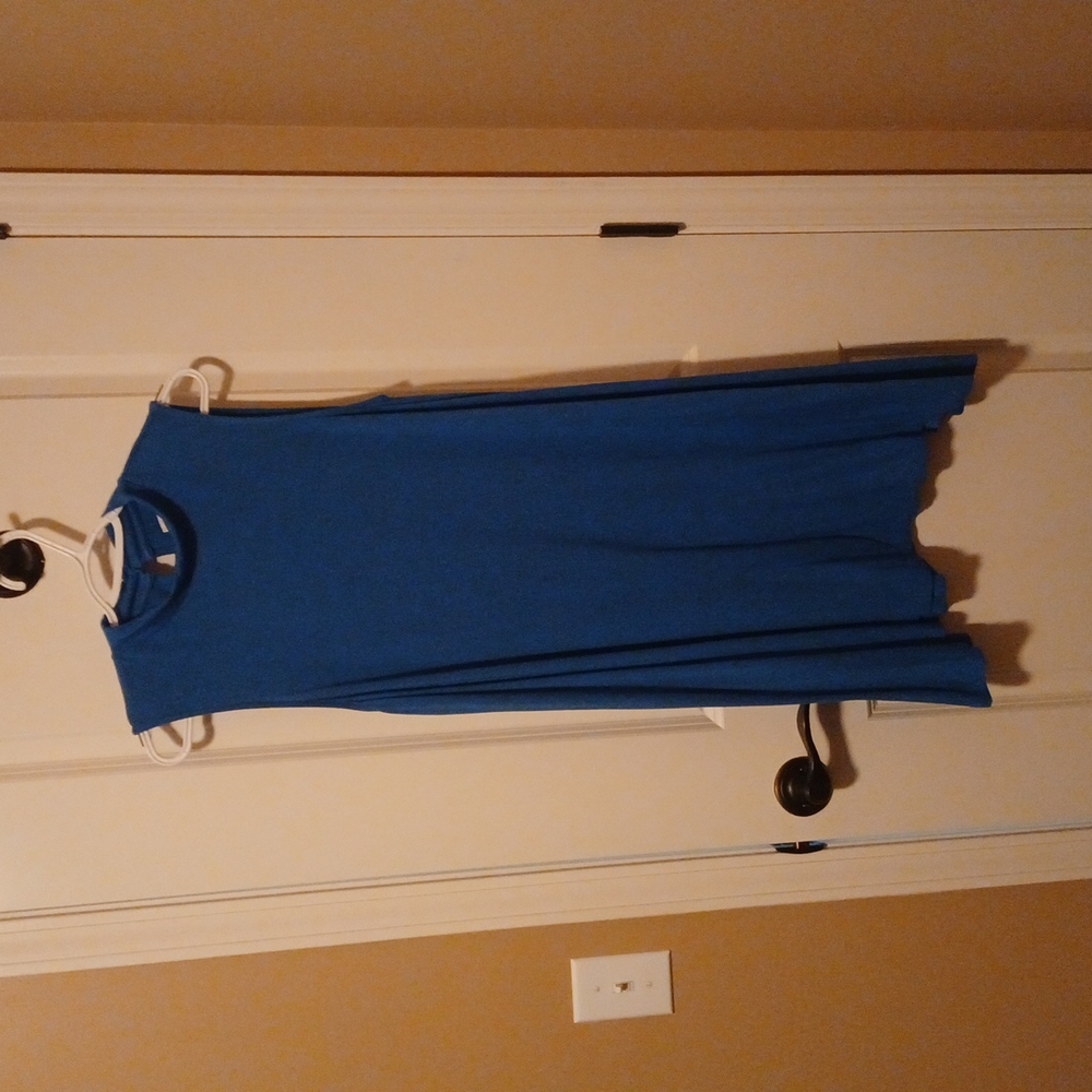 Blue mock neck, flowy dress